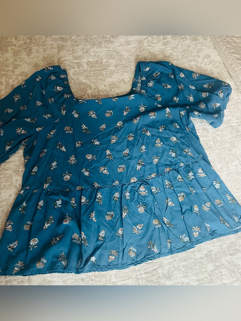 LOFT Teal Floral Square-Neck Peasant Top